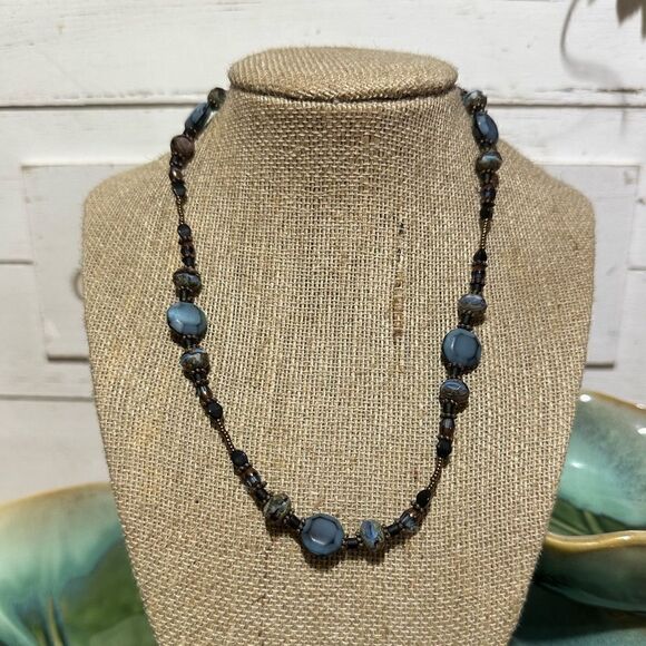 Blue & Black Glass Faceted Beaded Handcrafted Necklace 16” - Picture 1 of 4